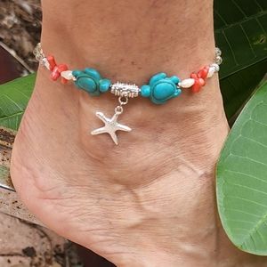 SALE/ Anklet Foot Bracelet Anklet Turquoise Turtle Coral Pearls